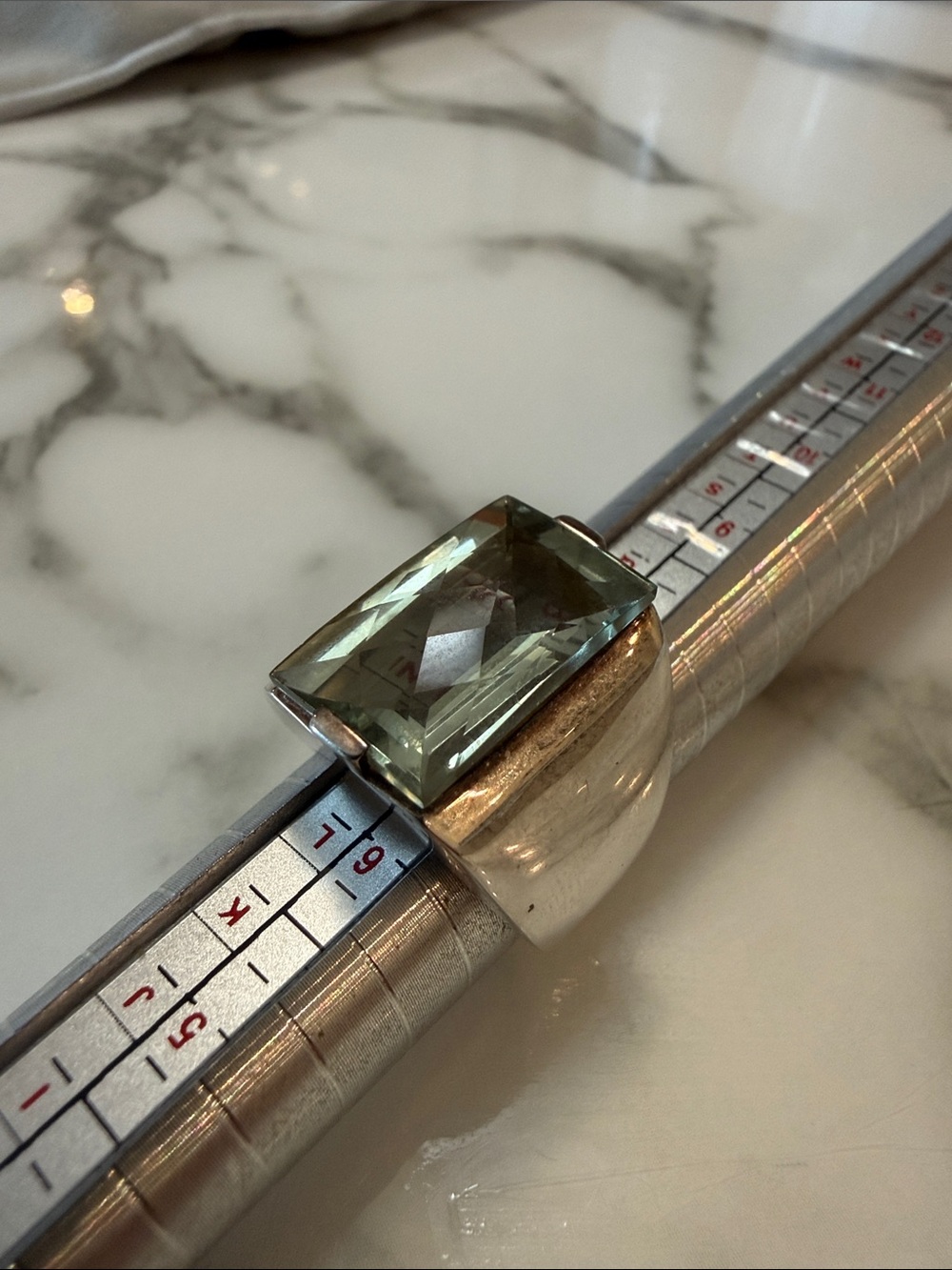 Sterling silver modernist ring with light blue/green stone, size 7